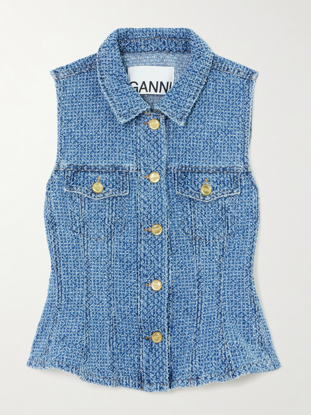 Ganni Fluffy Denim Fitted Top In Blue