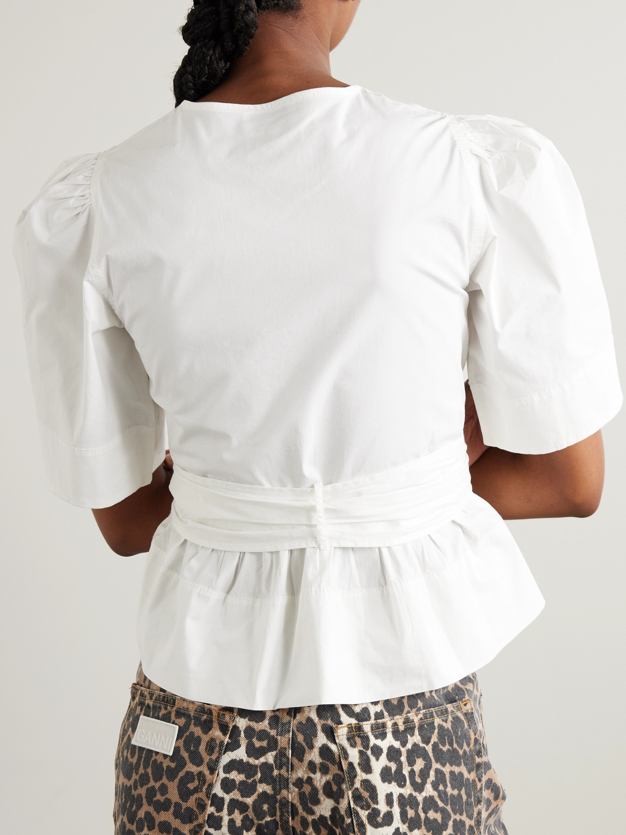 Belted Tie-Detailed Gathered Cotton-Blend Poplin Blouse