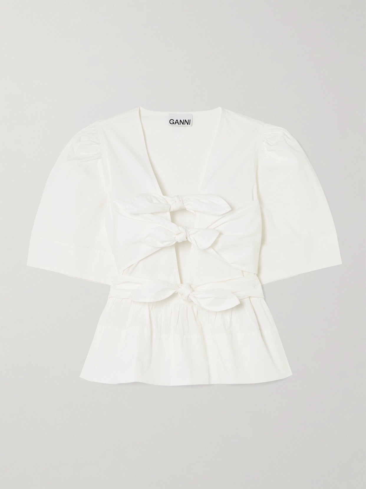 Ganni Belted Tie-detailed Gathered Cotton-blend Poplin Blouse In White
