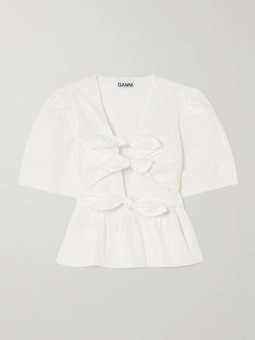 Ganni Belted Tie-detailed Gathered Cotton-blend Poplin Blouse