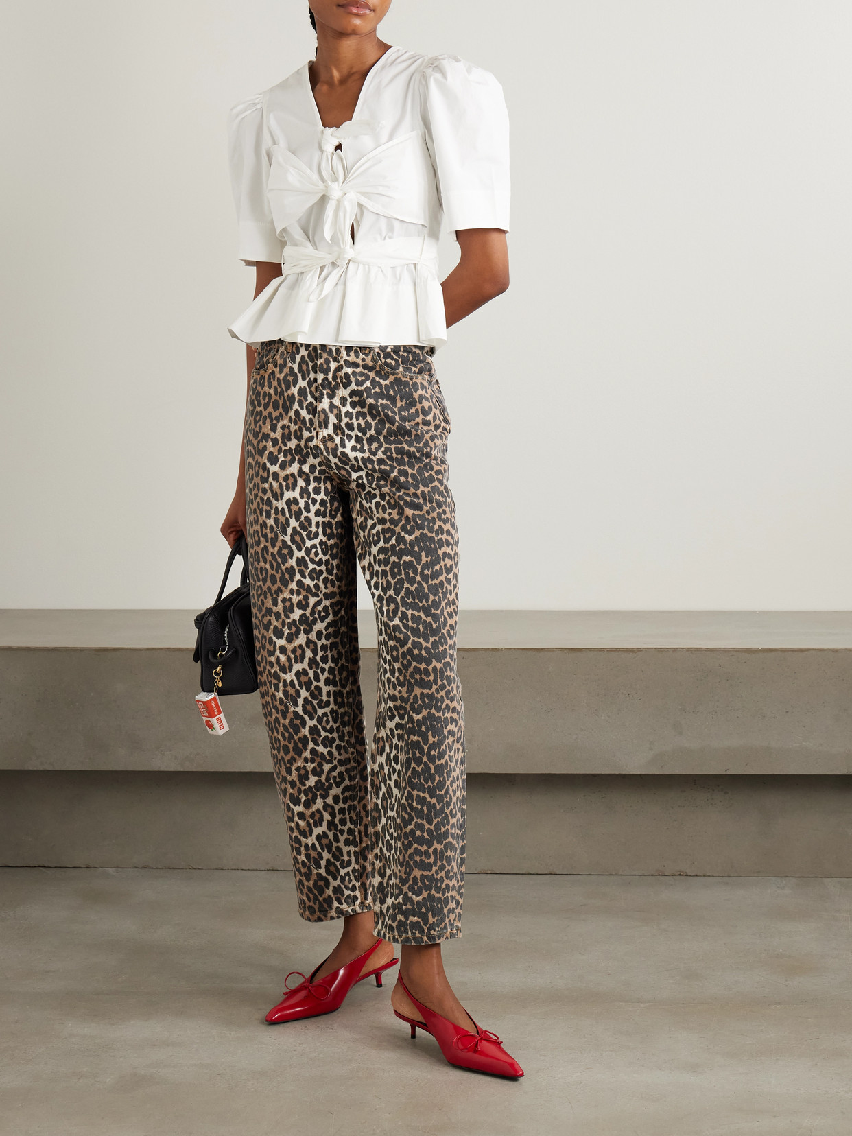 Belted Tie-Detailed Gathered Cotton-Blend Poplin Blouse