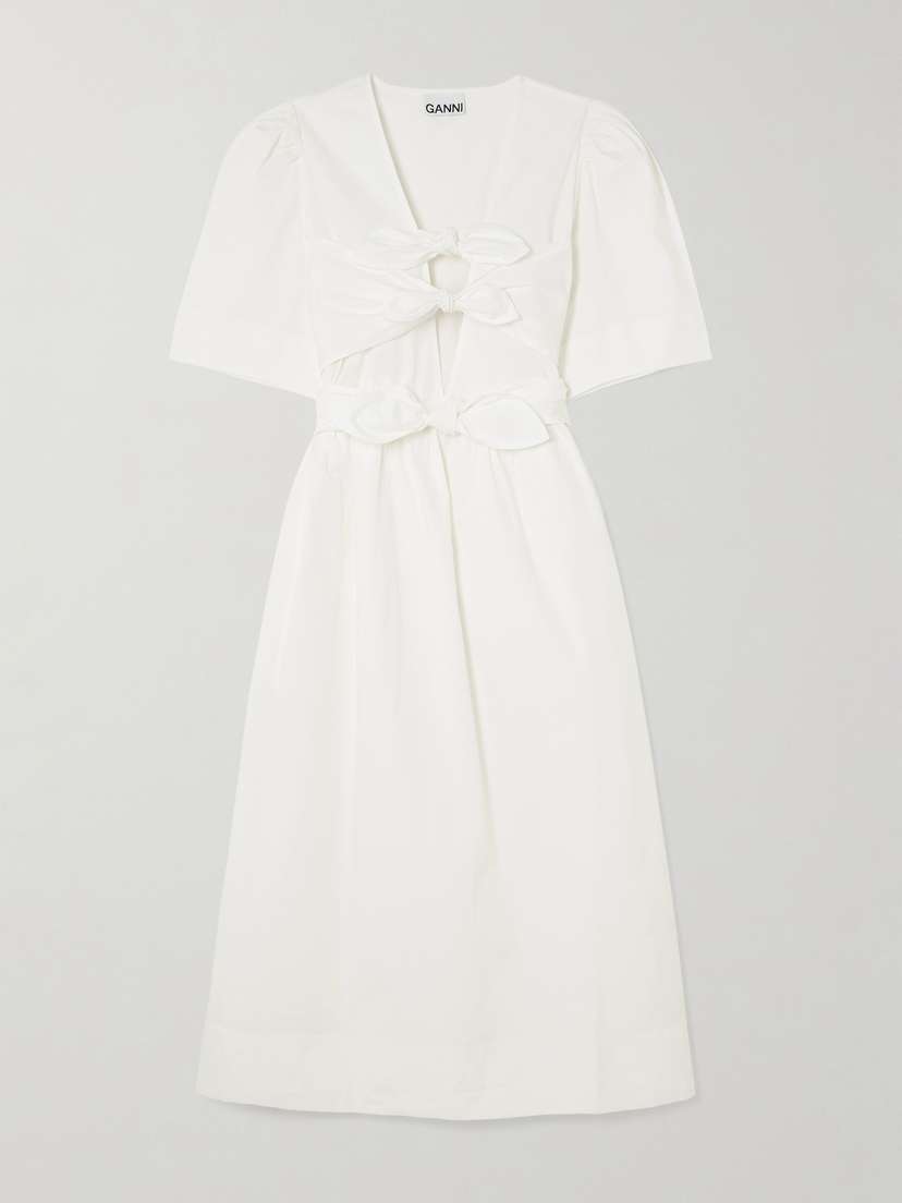 Ganni Belted Tie-detailed Gathered Cotton-blend Poplin Midi Dress