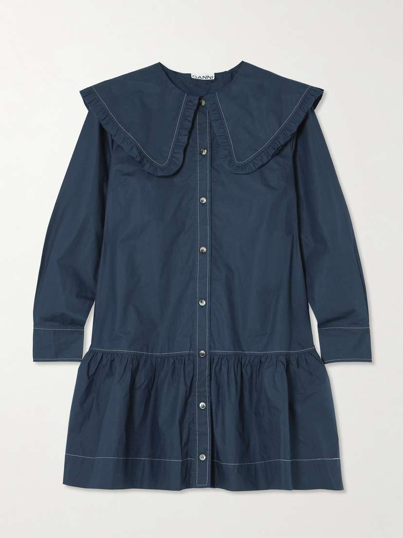 Ganni Ruffled Organic Cotton-poplin Mini Shirt Dress