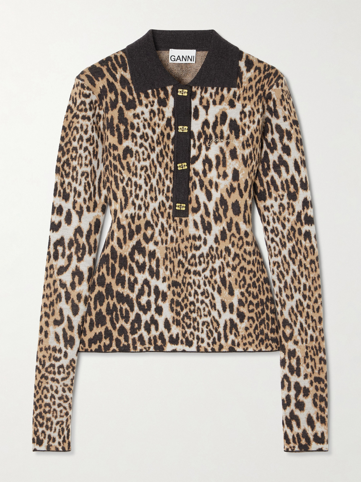 Ganni Multicolor Polo Shirt With Jewel Buttons And All-over Leopard Print In Cotton Woman In Animal Print