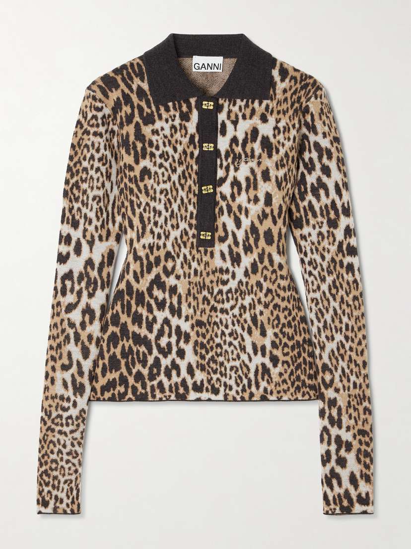 Ganni Leopard-print Jacquard-knit Merino Wool Polo Sweater