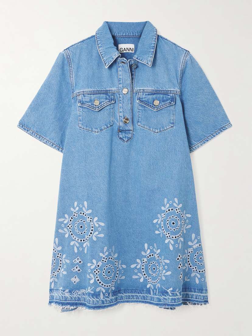 Ganni Frayed Broderie Anglaise Denim Mini Shirt Dress