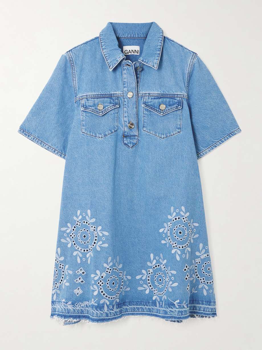 frayed broderie anglaise denim mini shirt dress