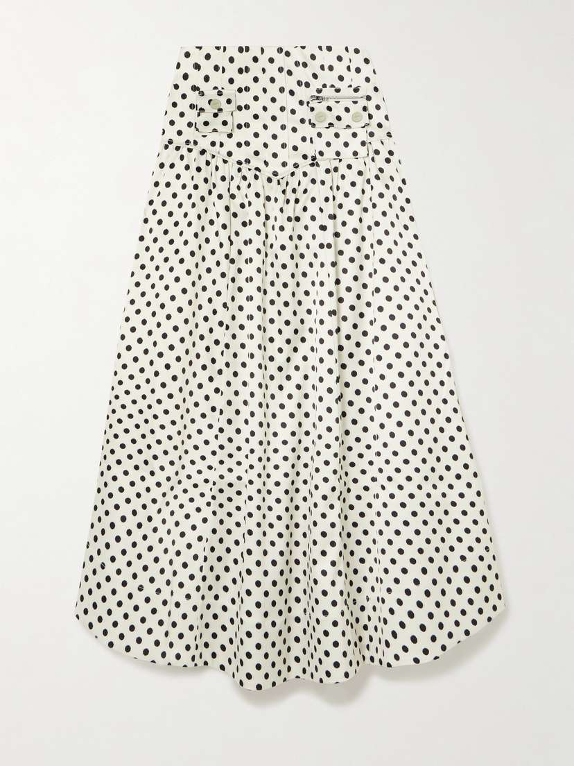 Ganni Egret Polka-dot Recycled-satin Maxi Skirt