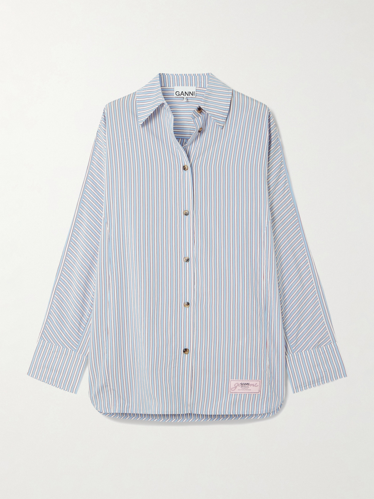 Ganni Striped Poplin Shirt In Blue