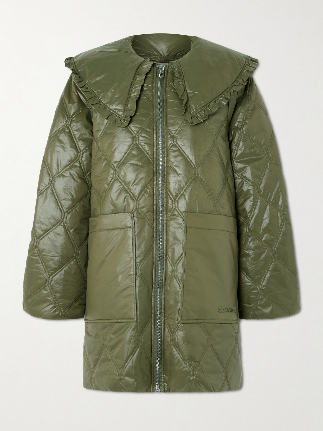 Ganni Lightweight Down Jacket With Oversized Collar In Green