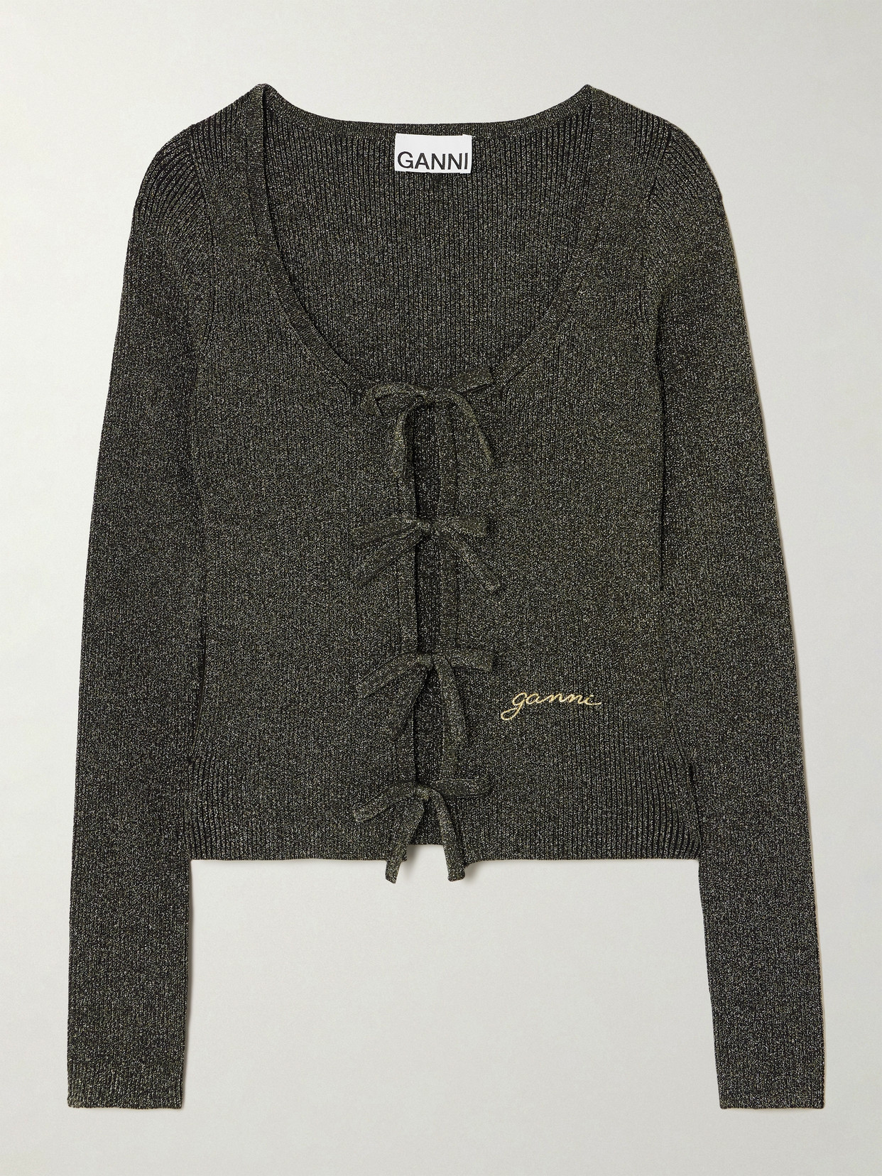 Ganni Sparkly Knit Tie-front Blouse In Metallic