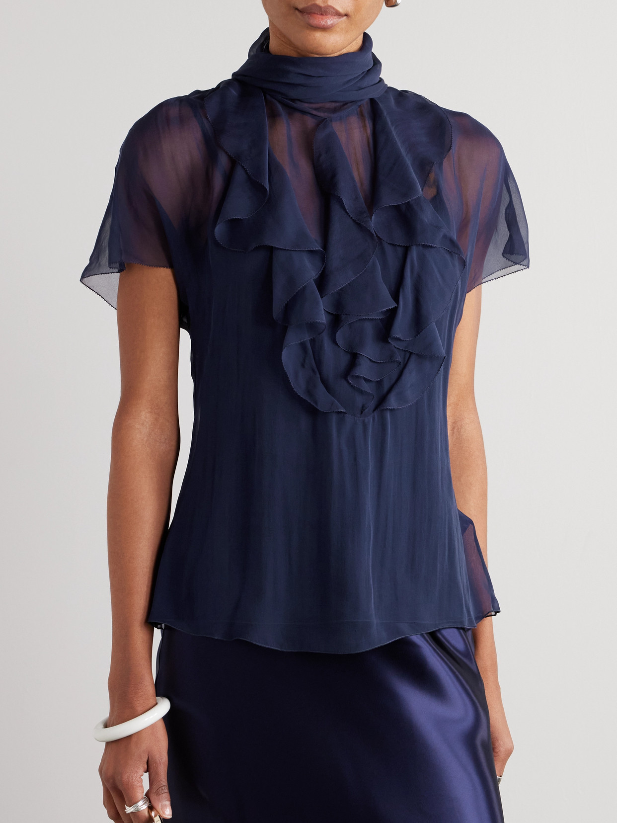 Ralph Lauren Etta Pussy-bow Ruffled Silk-chiffon Blouse In Blue