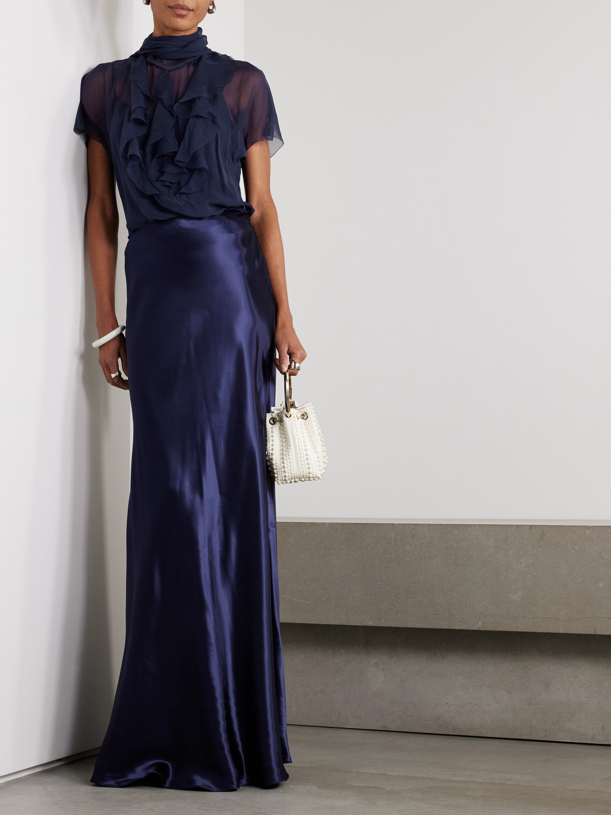 Ralph Lauren Etta Pussy-bow Ruffled Silk-chiffon Blouse In Blue