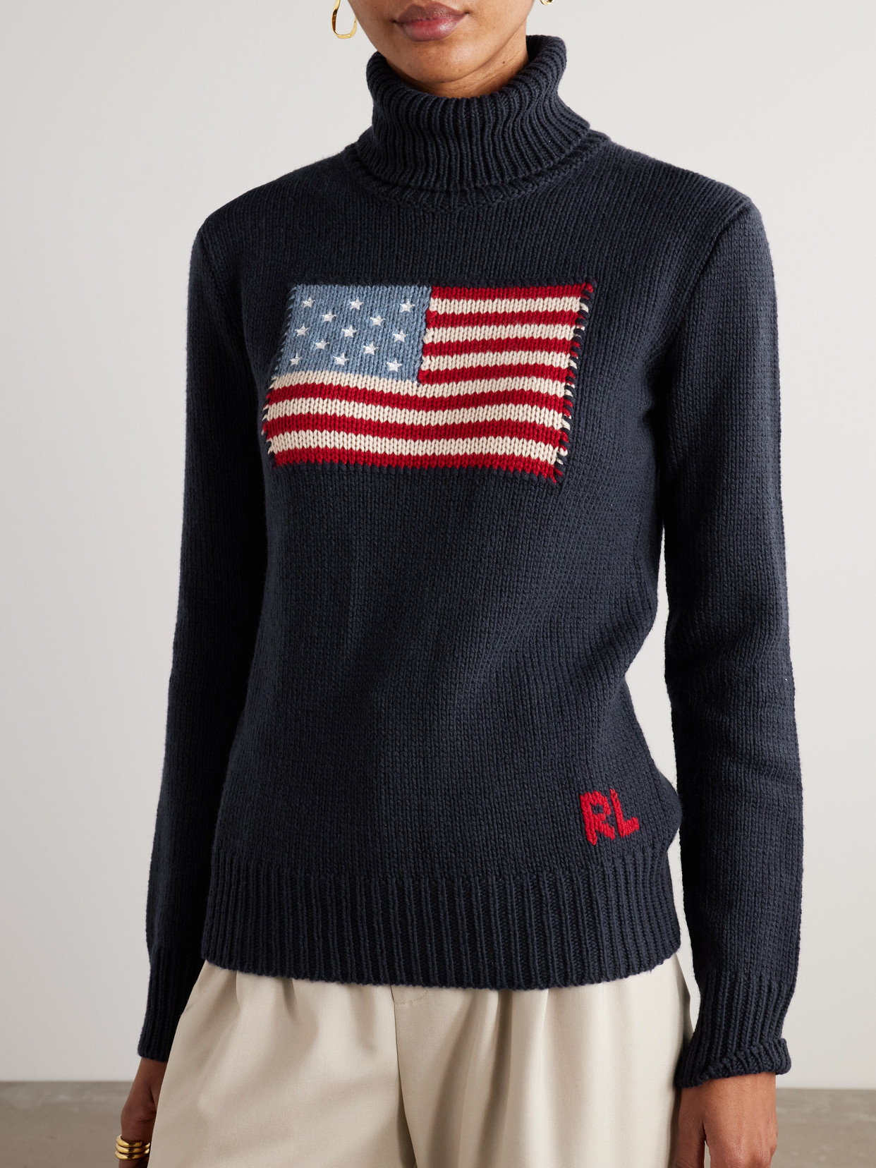 Ralph Lauren Embroidered Intarsia Cashmere Turtleneck Sweater In Blue