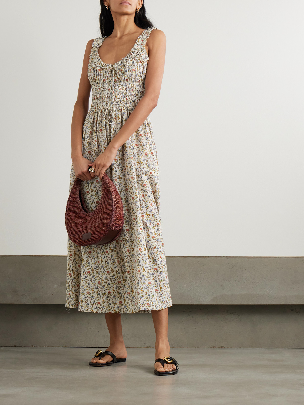 Doen Emmaretta Shirred Floral-print Cotton-voile Midi Dress