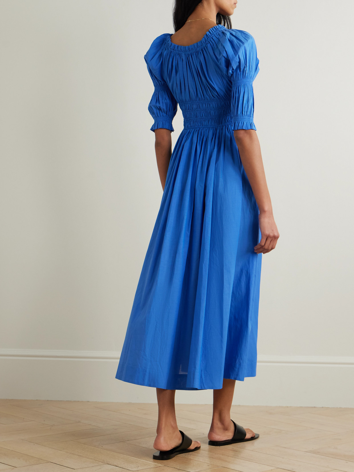 Doen Ischia Shirred Organic Cotton-blend Voile Midi Dress In Blue