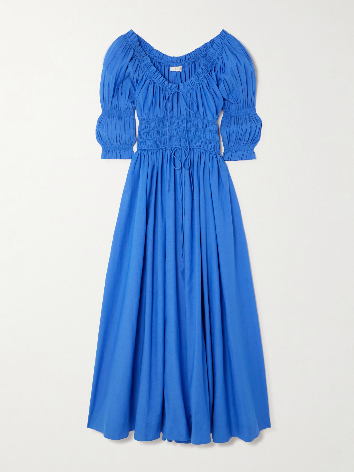 Doen Ischia Shirred Organic Cotton-blend Voile Midi Dress In Blue