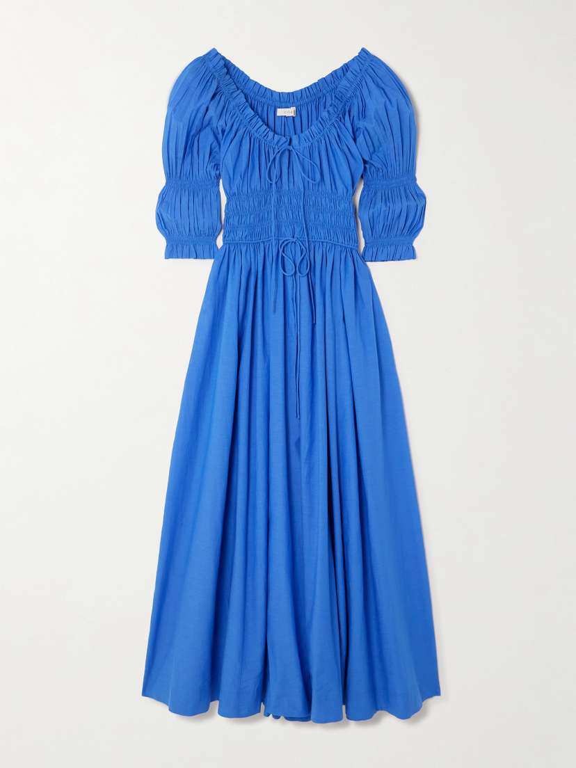DÔEN Ischia Shirred Organic Cotton-blend Voile Midi Dress