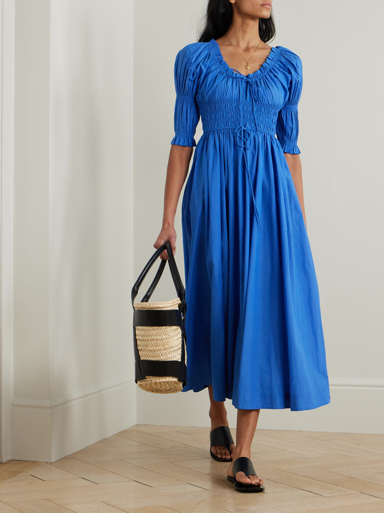 Doen Ischia Shirred Organic Cotton-blend Voile Midi Dress In Blue