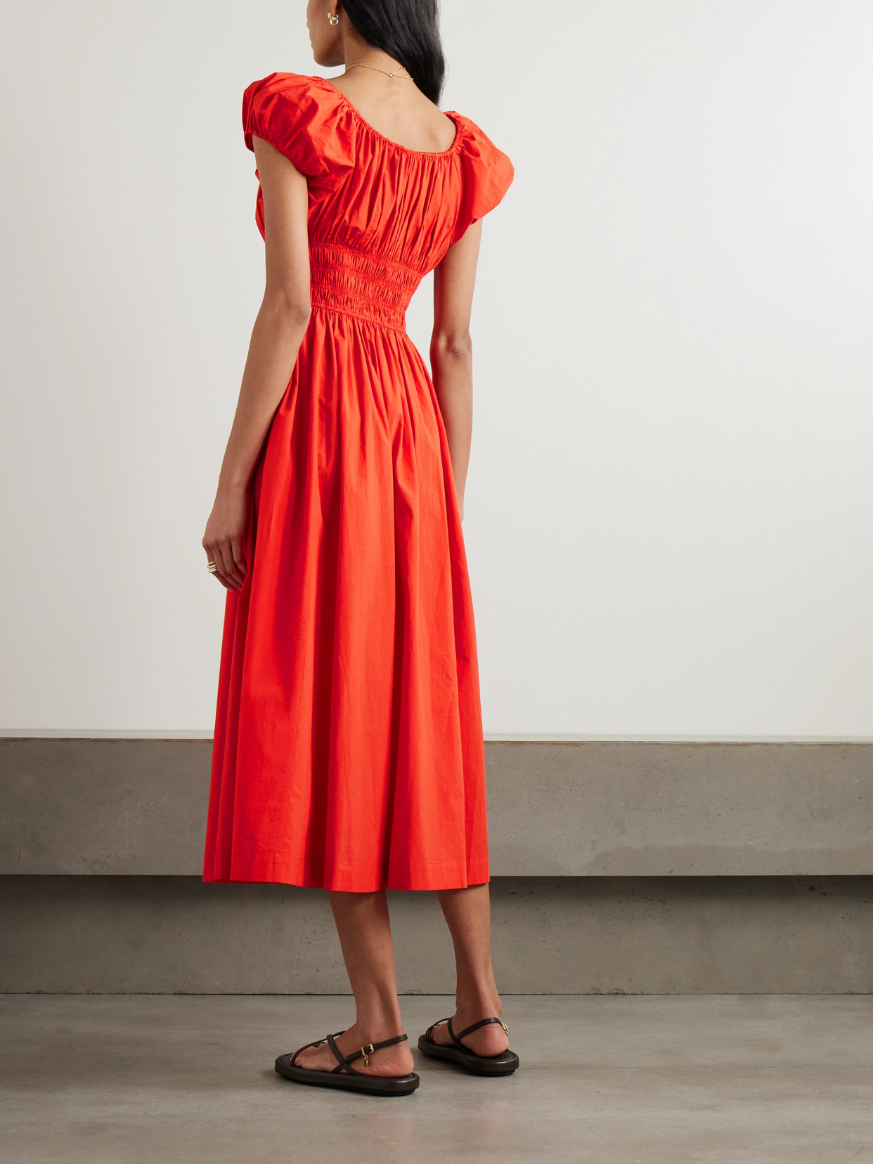 Doen Quinn Tie-detailed Shirred Organic Cotton-poplin Midi Dress In Red