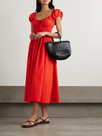 Dôen Quinn tie-detailed shirred organic cotton-poplin midi dress