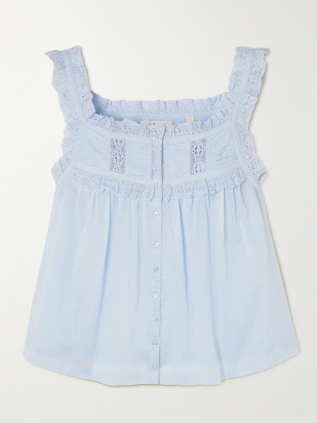 Doen Fidella Cropped Lace-trimmed Organic Cotton-voile Top In Blue