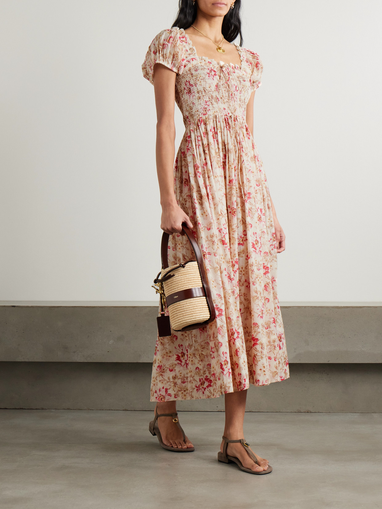 Doen Stanza Lace-trimmed Floral-print Organic Cotton-voile Midi Dress In Multi
