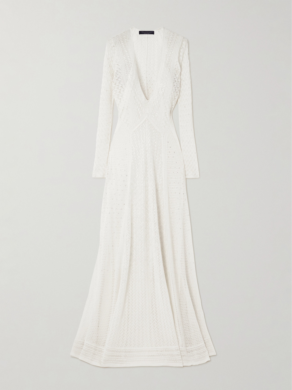 Shop Ralph Lauren Embellished Crocheted Silk And Cashmere-blend Gown In White