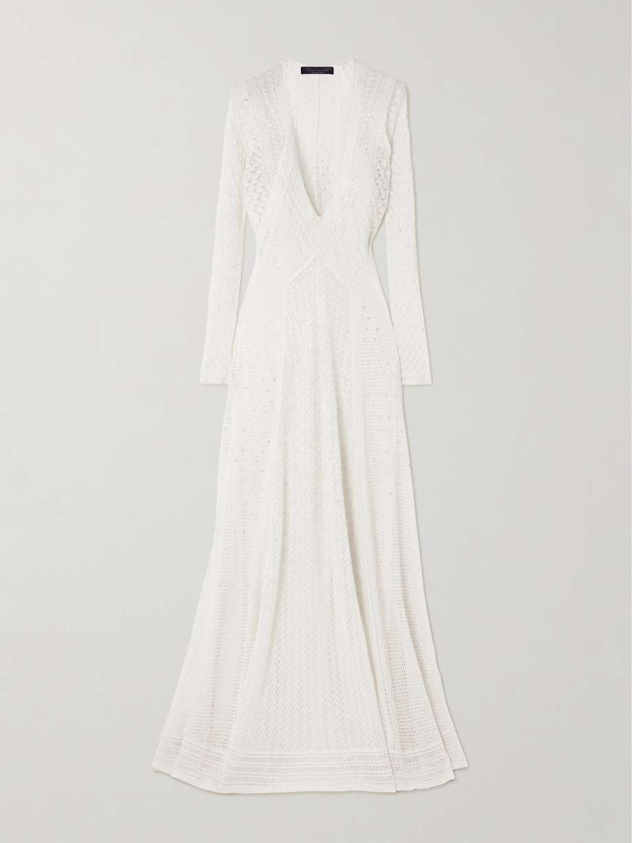 embellished crocheted silk and cashmere-blend gown