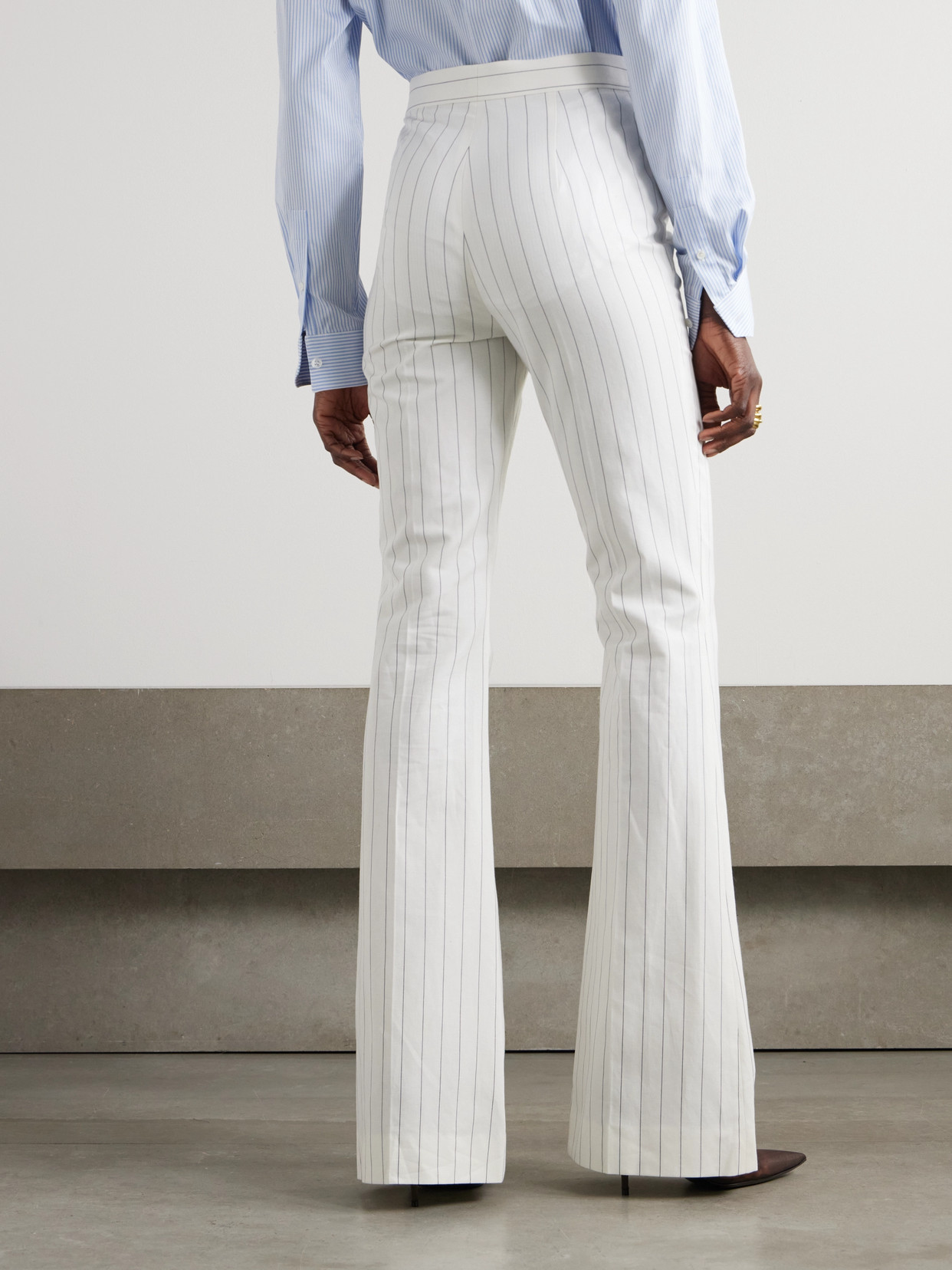 Shop Ralph Lauren Neeva Pinstriped Cotton, Linen And Wool-blend Flared Pants In Cream