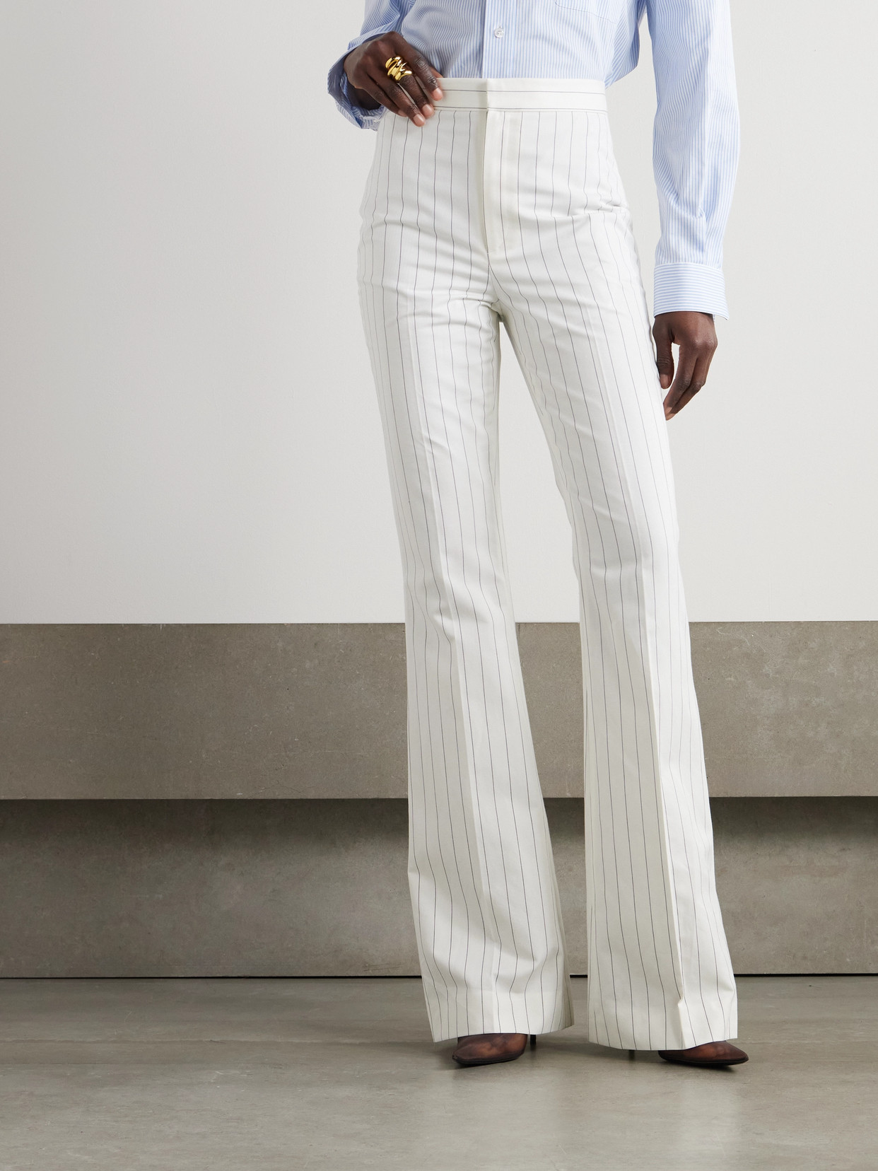 Shop Ralph Lauren Neeva Pinstriped Cotton, Linen And Wool-blend Flared Pants In Cream