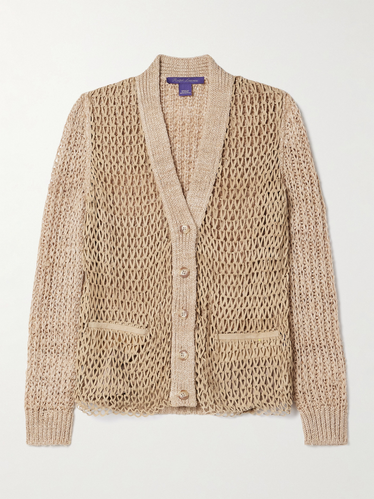 Ralph Lauren Open-knit Suede And Linen Cardigan In Brown