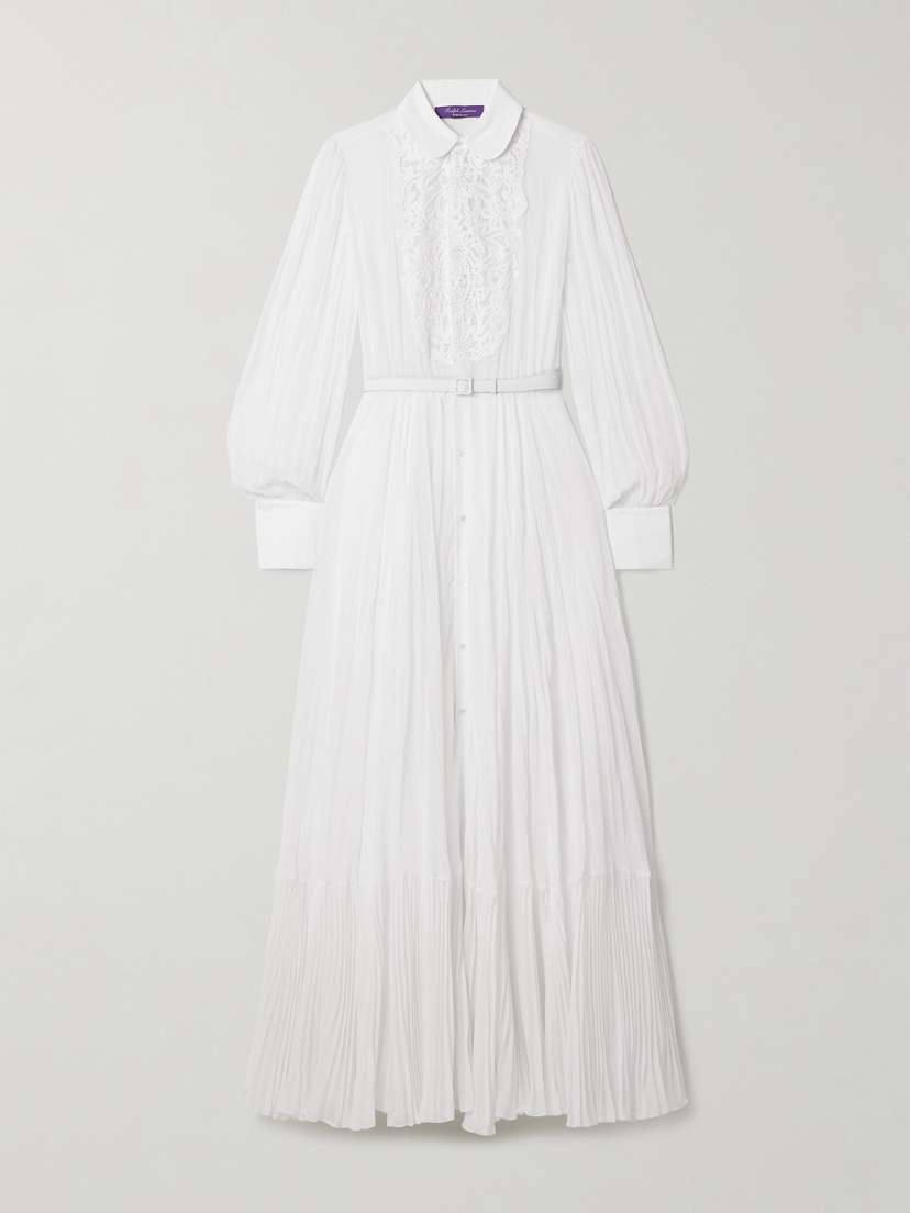 Ralph Lauren Collection Seymour Belted Guipure Lace-trimmed Cotton-blend Voile Maxi Dress