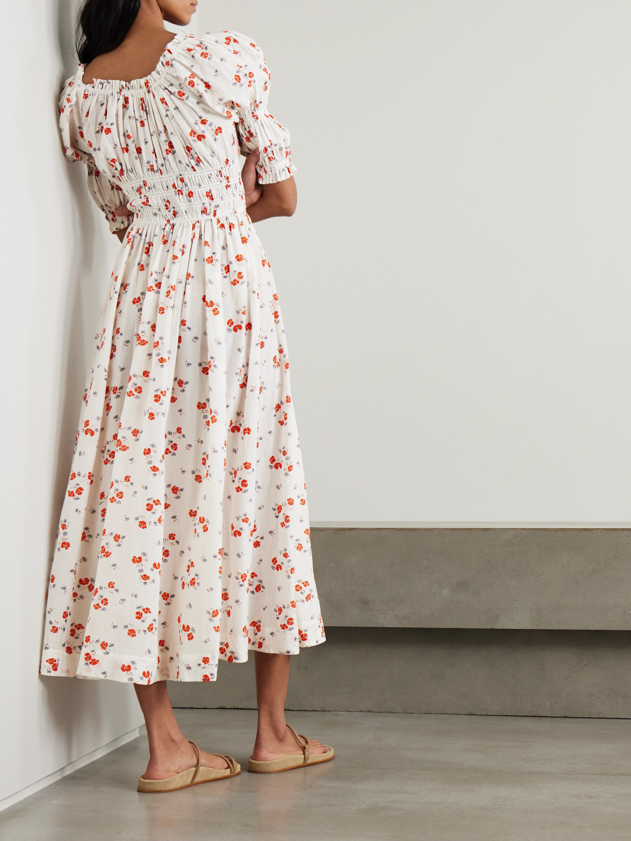 Doen Ischia Shirred Floral-print Organic Cotton-blend Voile Midi Dress