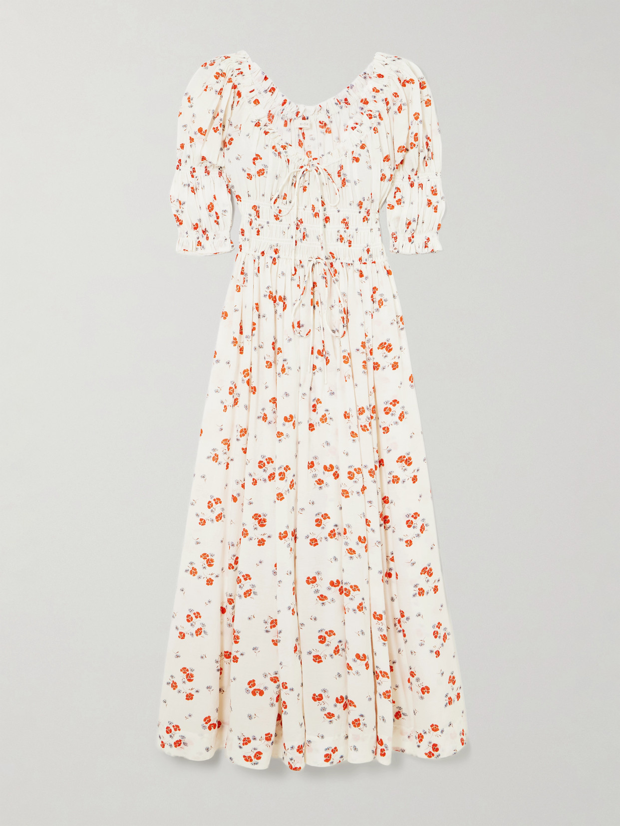 Doen Ischia Shirred Floral-print Organic Cotton-blend Voile Midi Dress