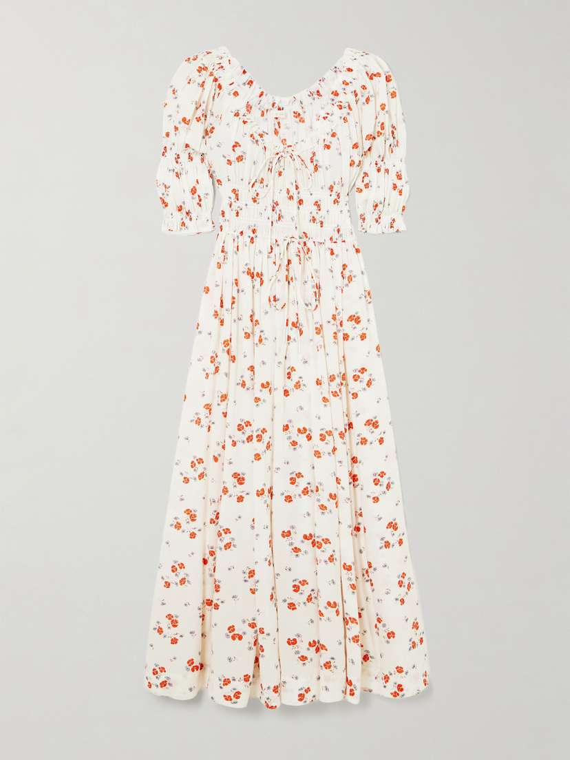 DÔEN Ischia Shirred Floral-print Organic Cotton-blend Voile Midi Dress