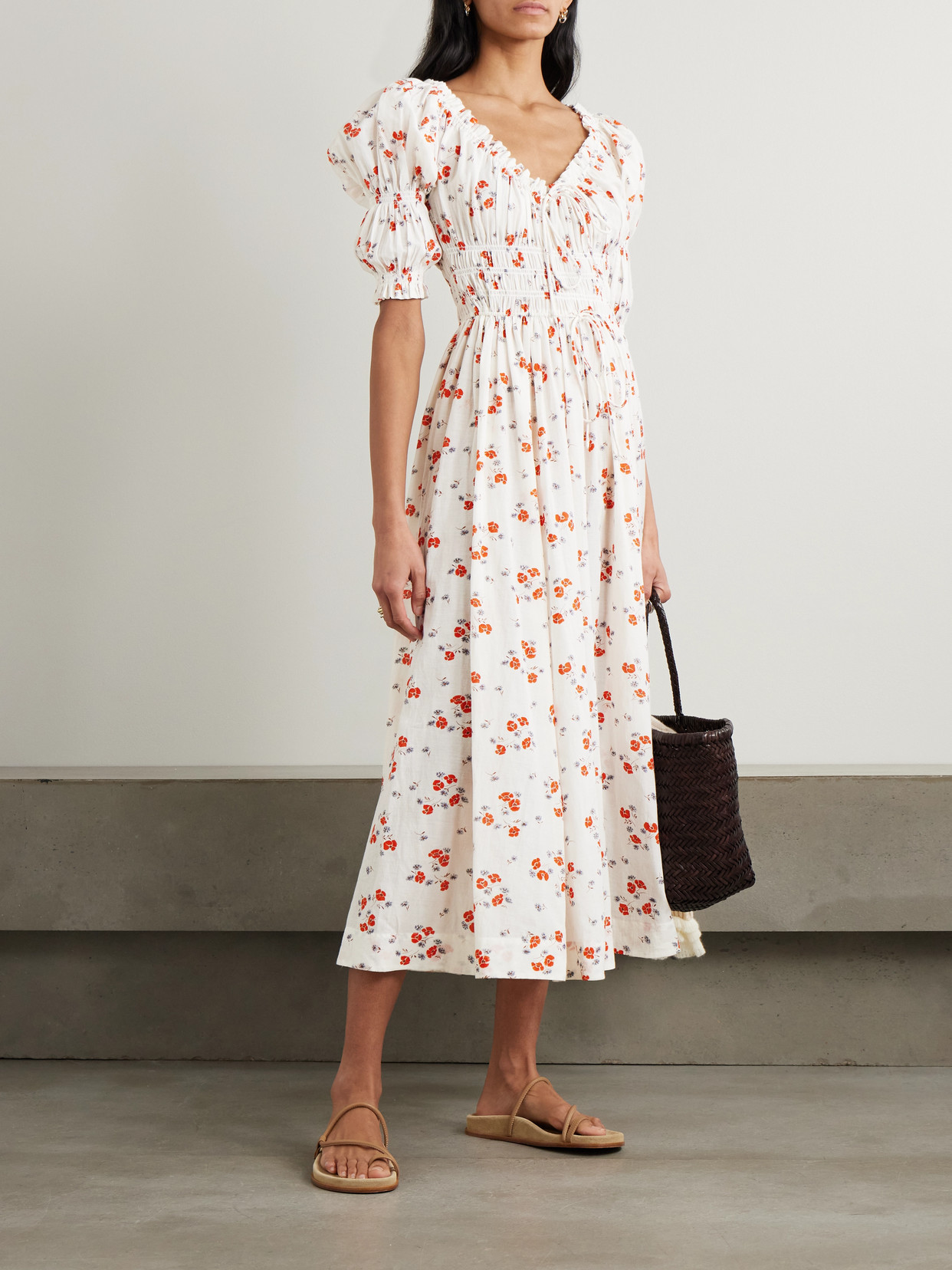 Doen Ischia Shirred Floral-print Organic Cotton-blend Voile Midi Dress
