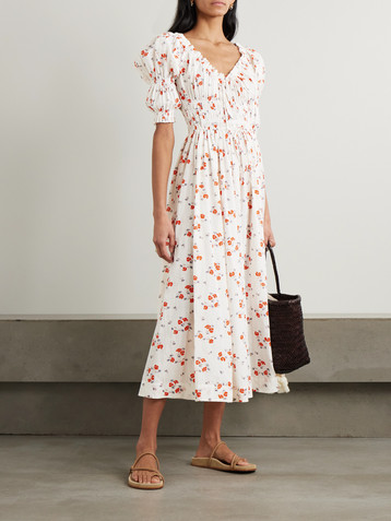 Dôen Ischia shirred floral-print organic cotton-blend voile midi dress