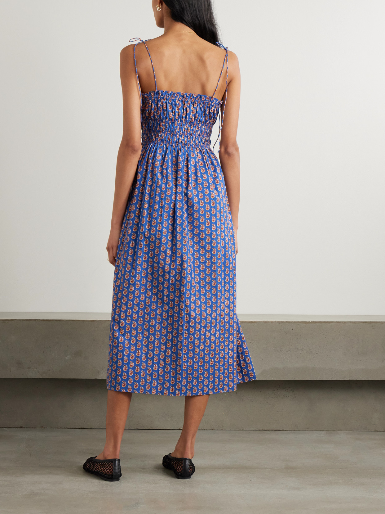 Doen Rhoda Shirred Paisley-print Organic Cotton-poplin Midi Dress