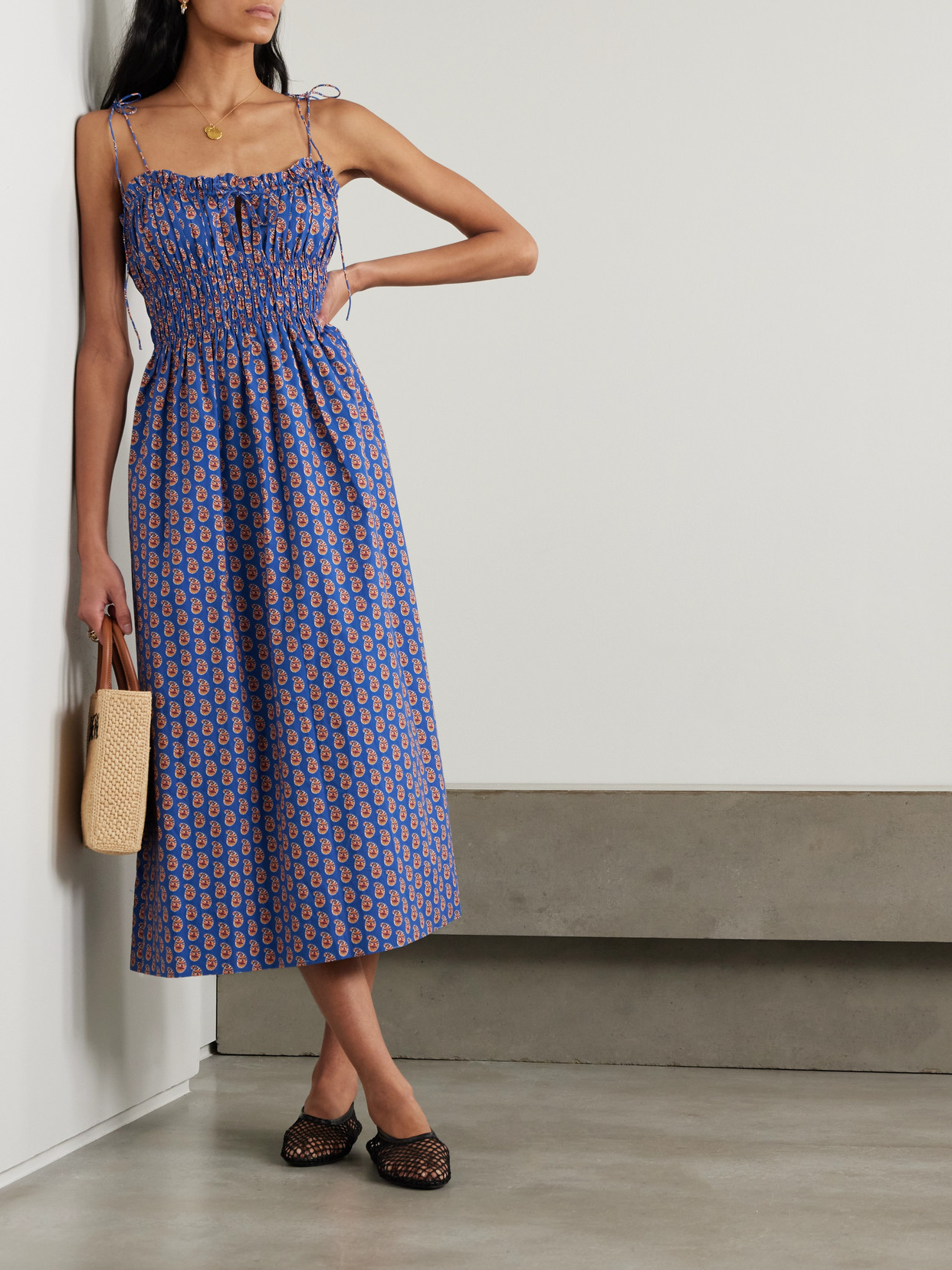 Doen Rhoda Shirred Paisley-print Organic Cotton-poplin Midi Dress