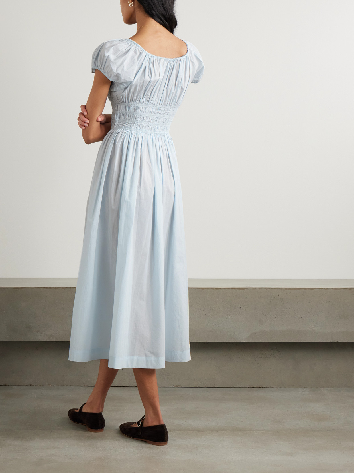 Doen Quinn Tie-detailed Shirred Organic Cotton-poplin Midi Dress