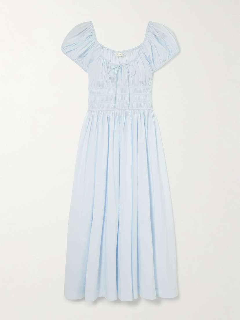 DÔEN Quinn Tie-detailed Shirred Organic Cotton-poplin Midi Dress
