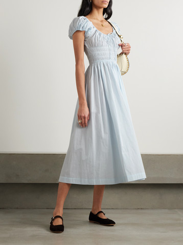 Dôen Quinn tie-detailed shirred organic cotton-poplin midi dress