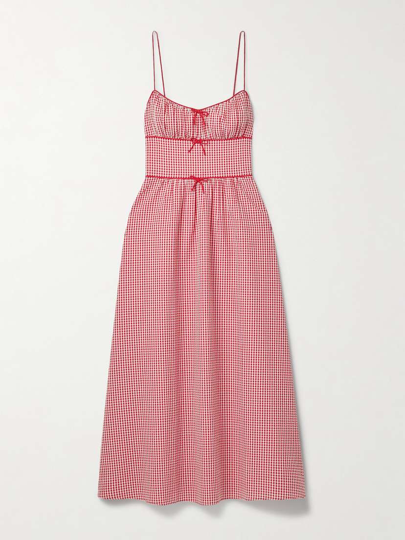 DÔEN Belline Bow-detailed Gingham Recycled-seersucker Midi Dress
