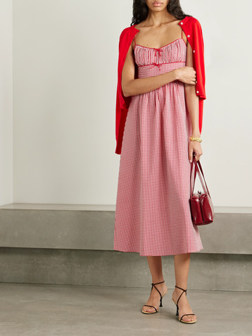 Dôen Belline bow-detailed gingham recycled-seersucker midi dress