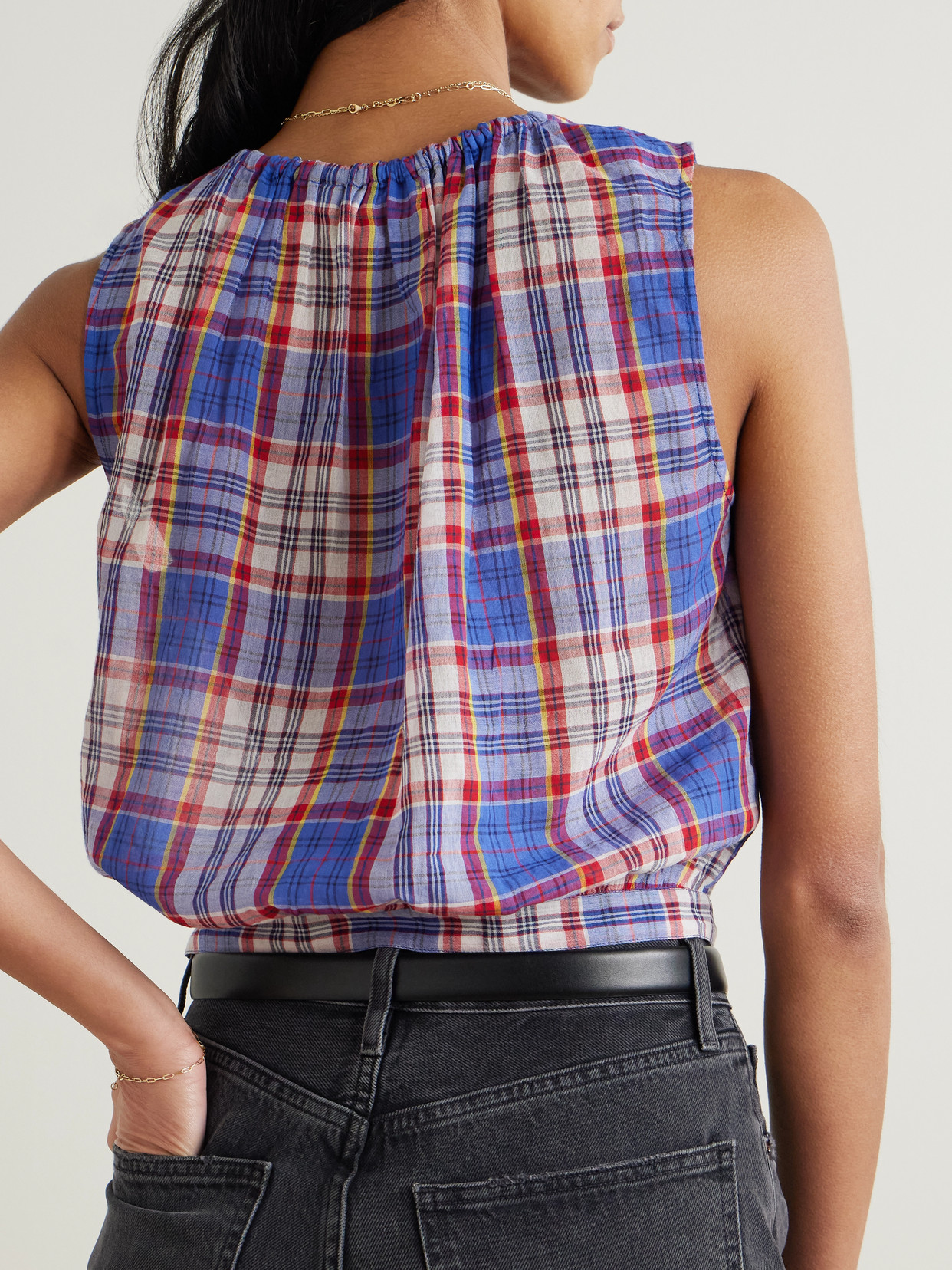 Doen Theo Tie-neck Checked Cotton-voile Top