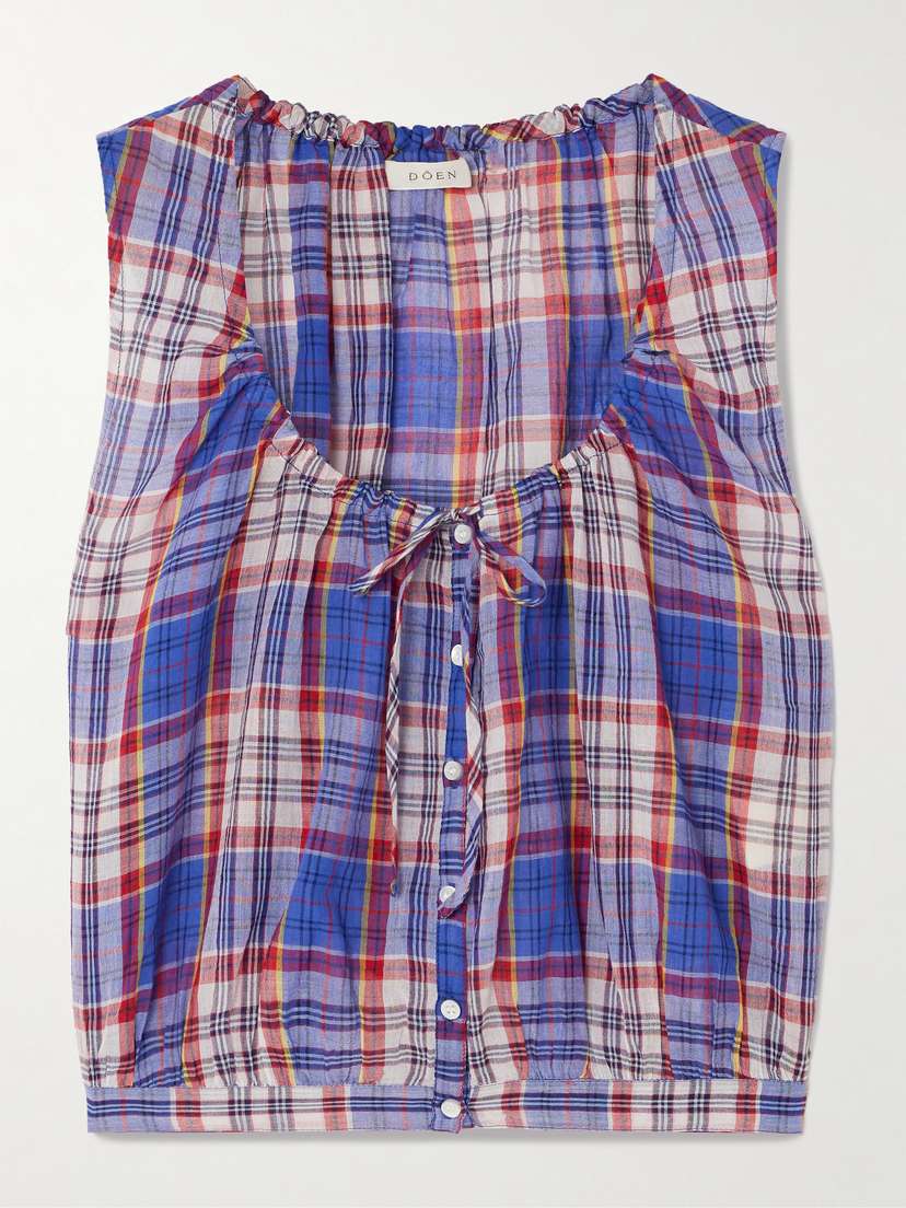 DÔEN Theo Tie-neck Checked Cotton-voile Top