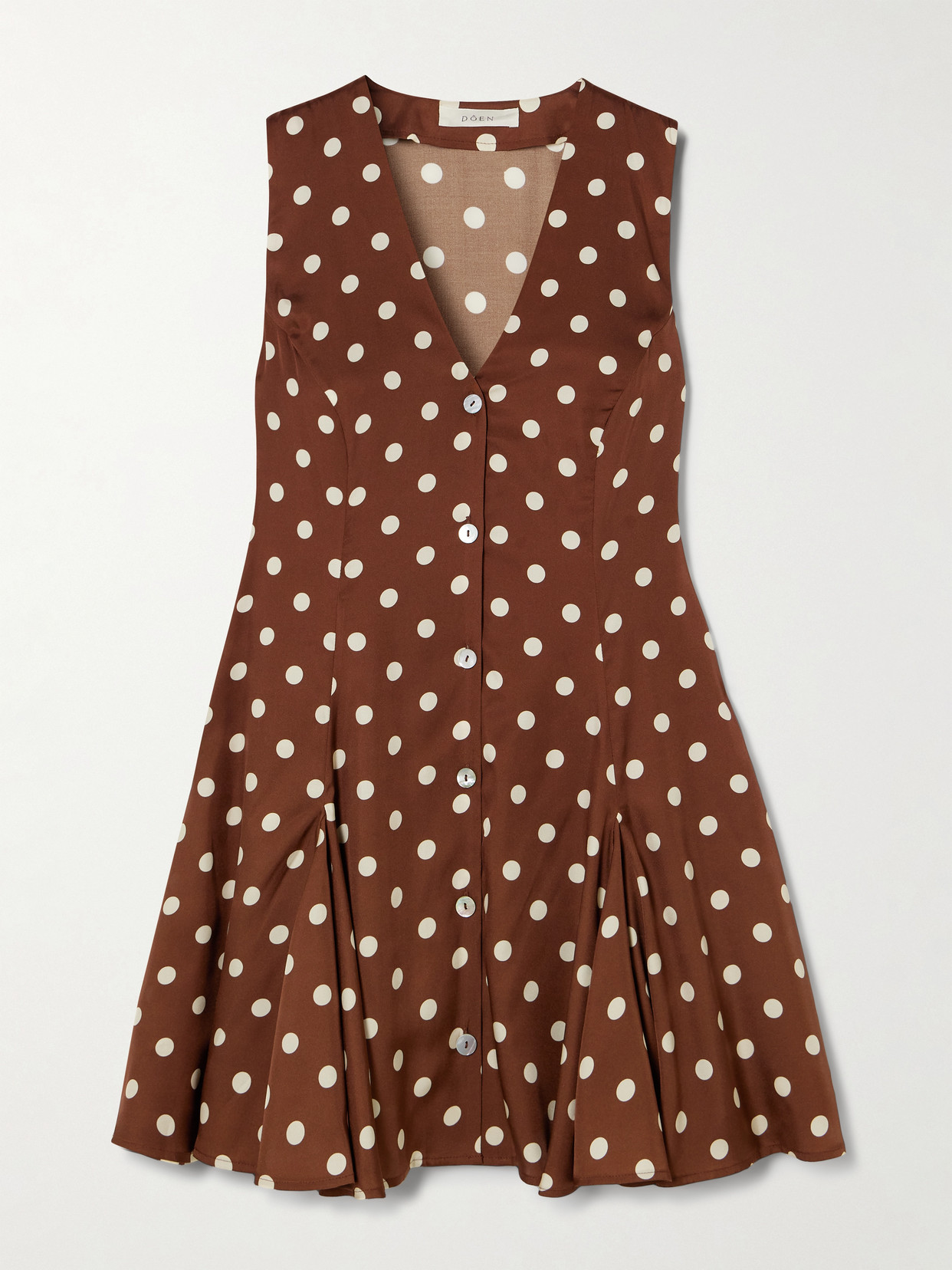 Doen Aubrey Pleated Polka-dot Silk-blend Twill Mini Dress In Brown