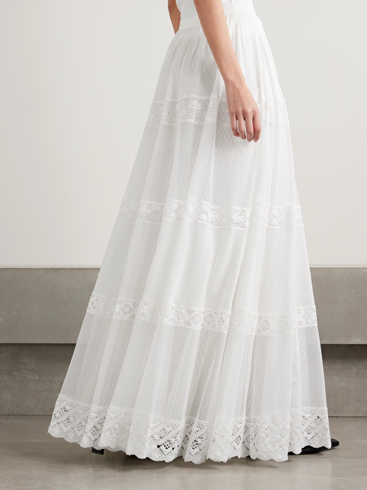 Shop Ralph Lauren Malti Lace-trimmed Cotton And Mulberry Silk-blend Voile And Tulle Maxi Skirt In White
