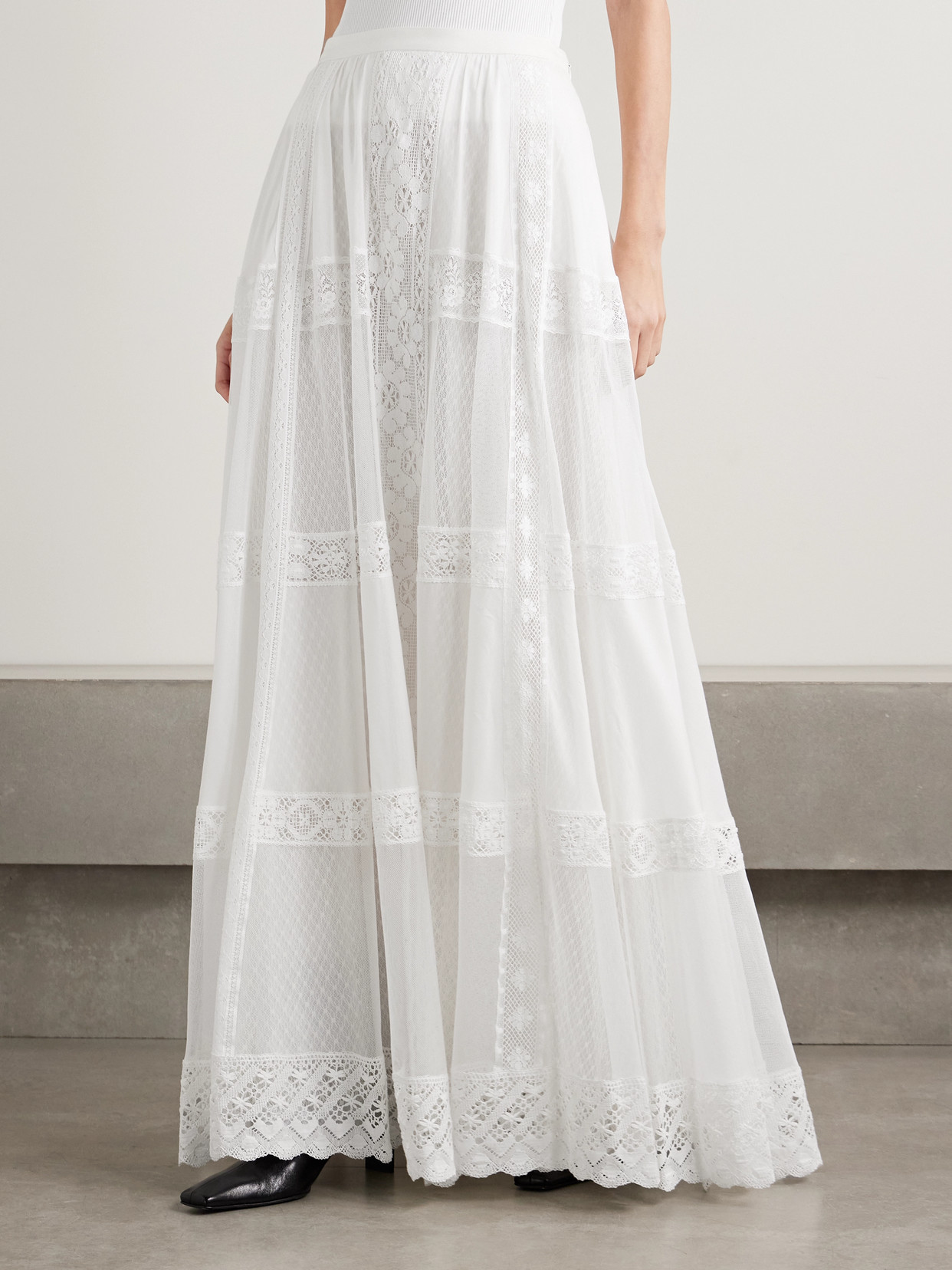 Shop Ralph Lauren Malti Lace-trimmed Cotton And Mulberry Silk-blend Voile And Tulle Maxi Skirt In White